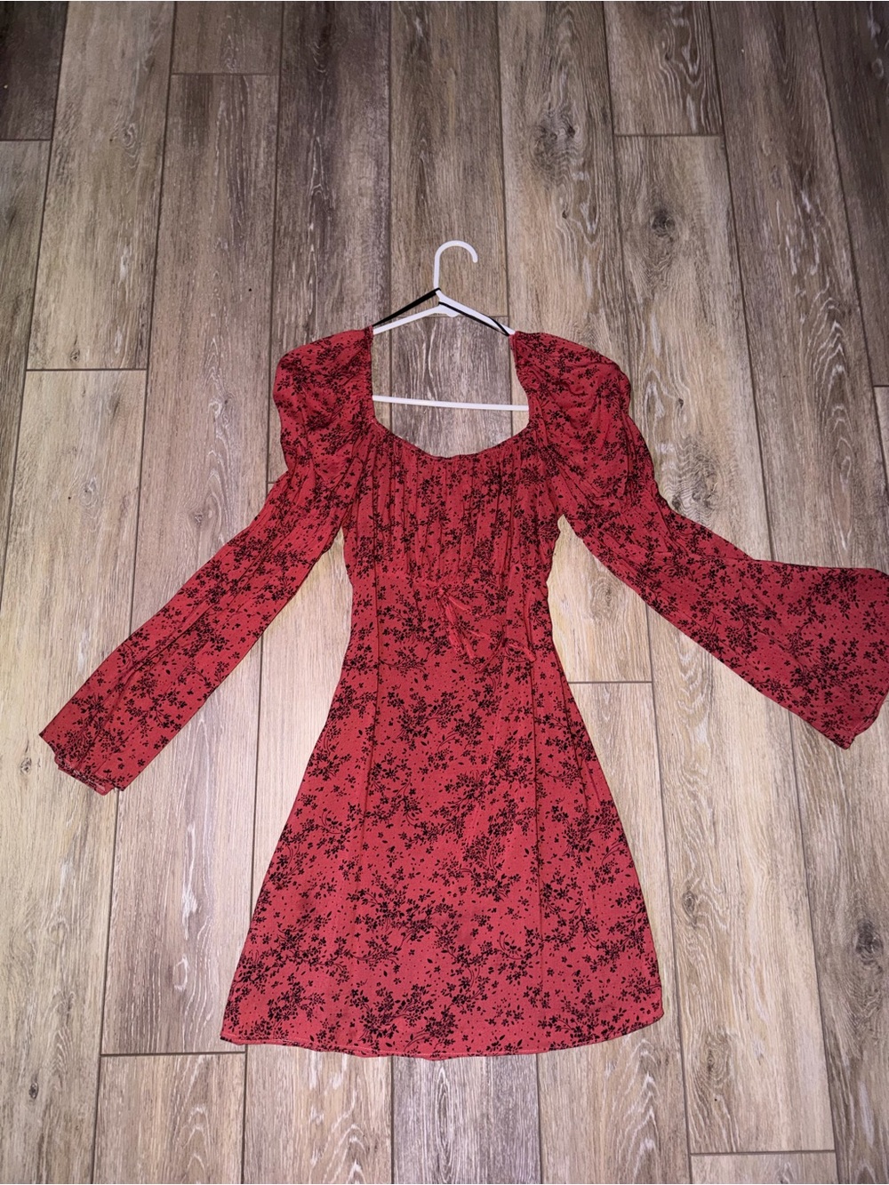 Red Floral Long-Sleeve Square-Neck Mini Dress